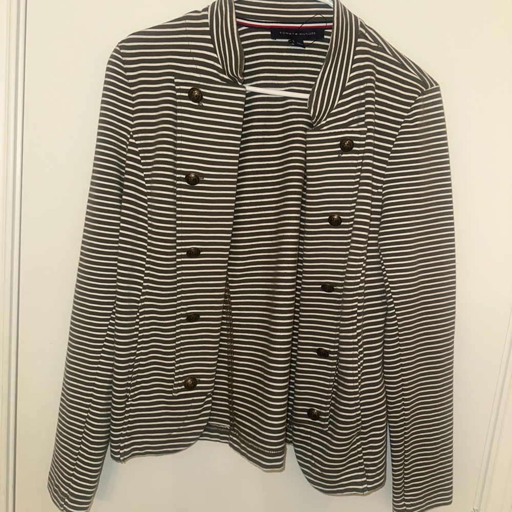 Tommy Hilfiger Olive Green and White Striped Blazer